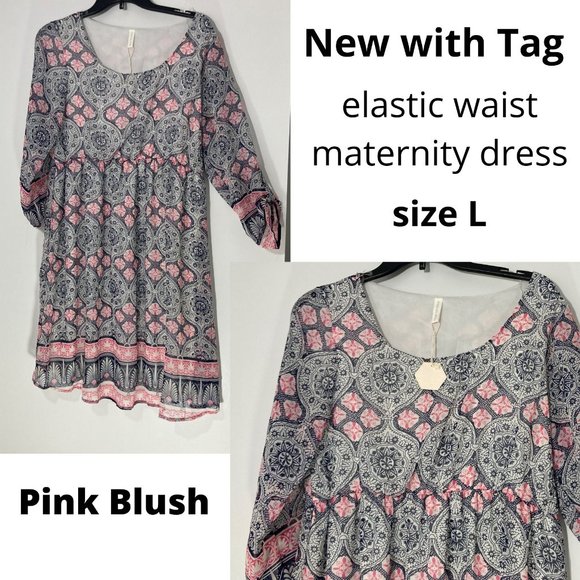Pink Blush dress boho vibe elastic waist L maternity casual office - Picture 1 of 15